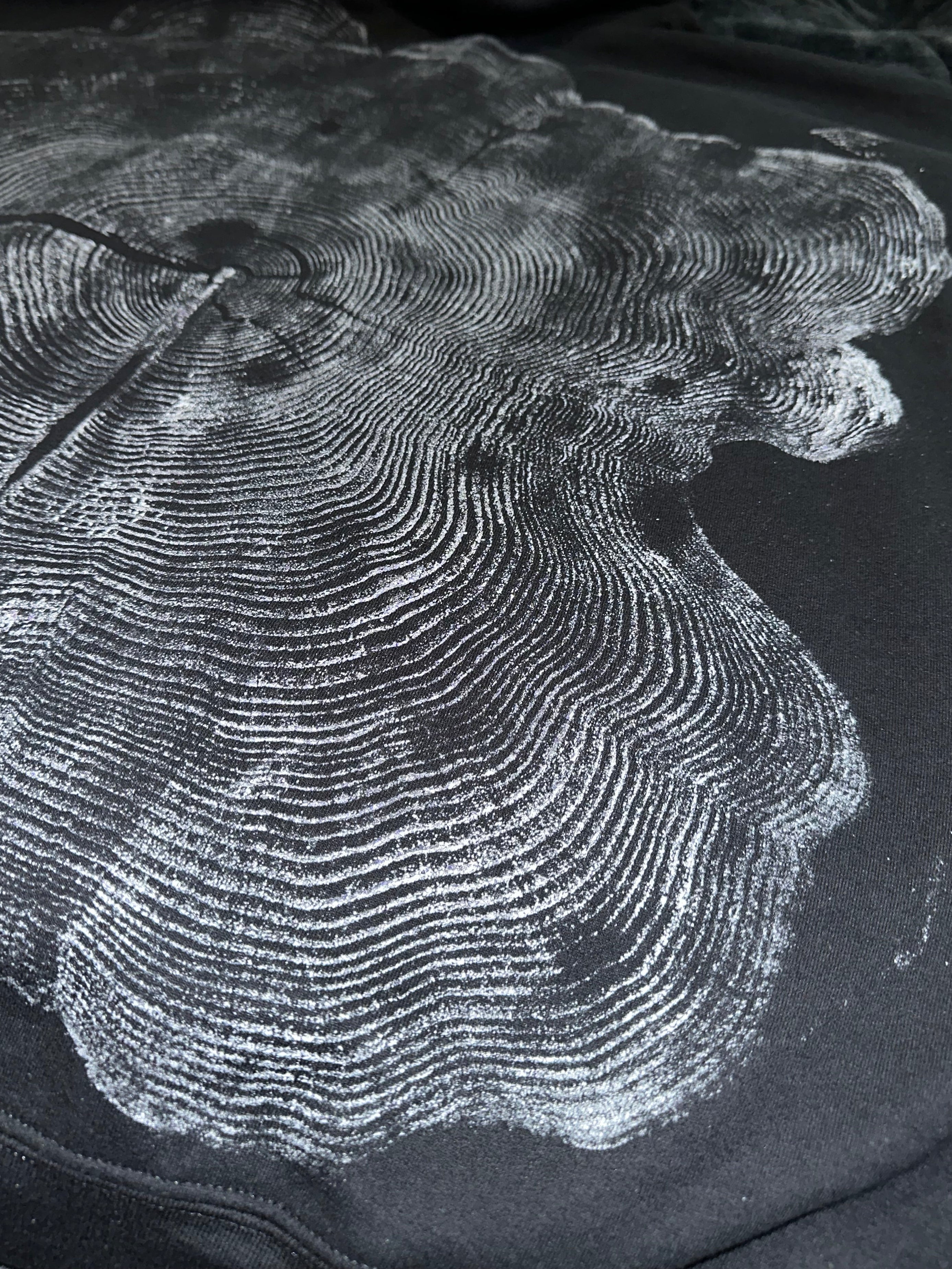 Red Cedar Hoodie Hand-pressed, Tree Ring Art, Black-2XL