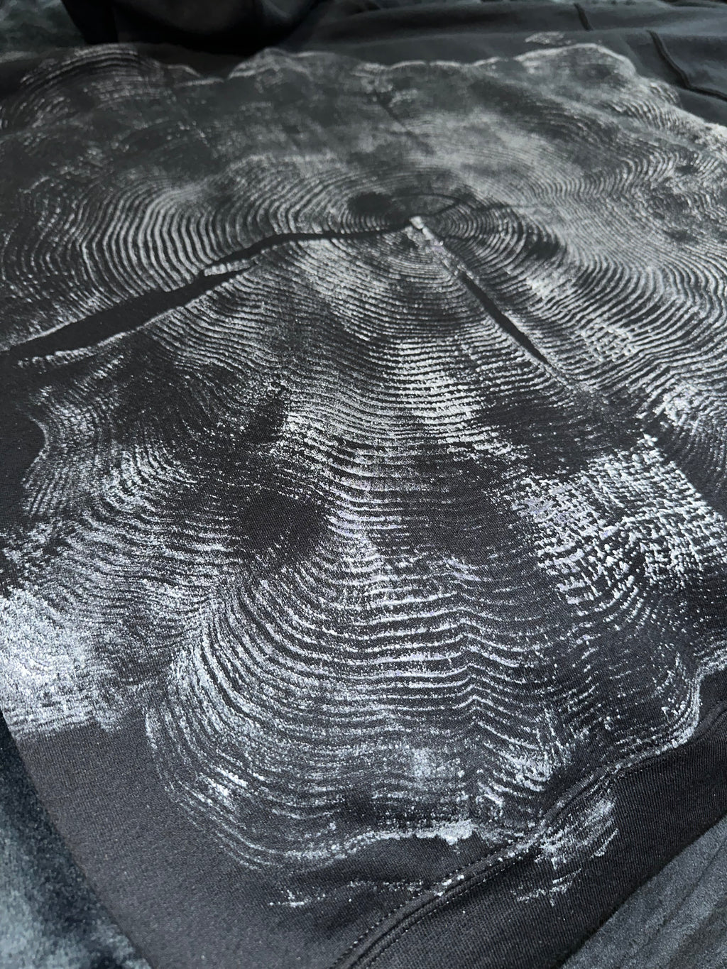 Red Cedar Hoodie Hand-pressed, Tree Ring Art, Black-2XL