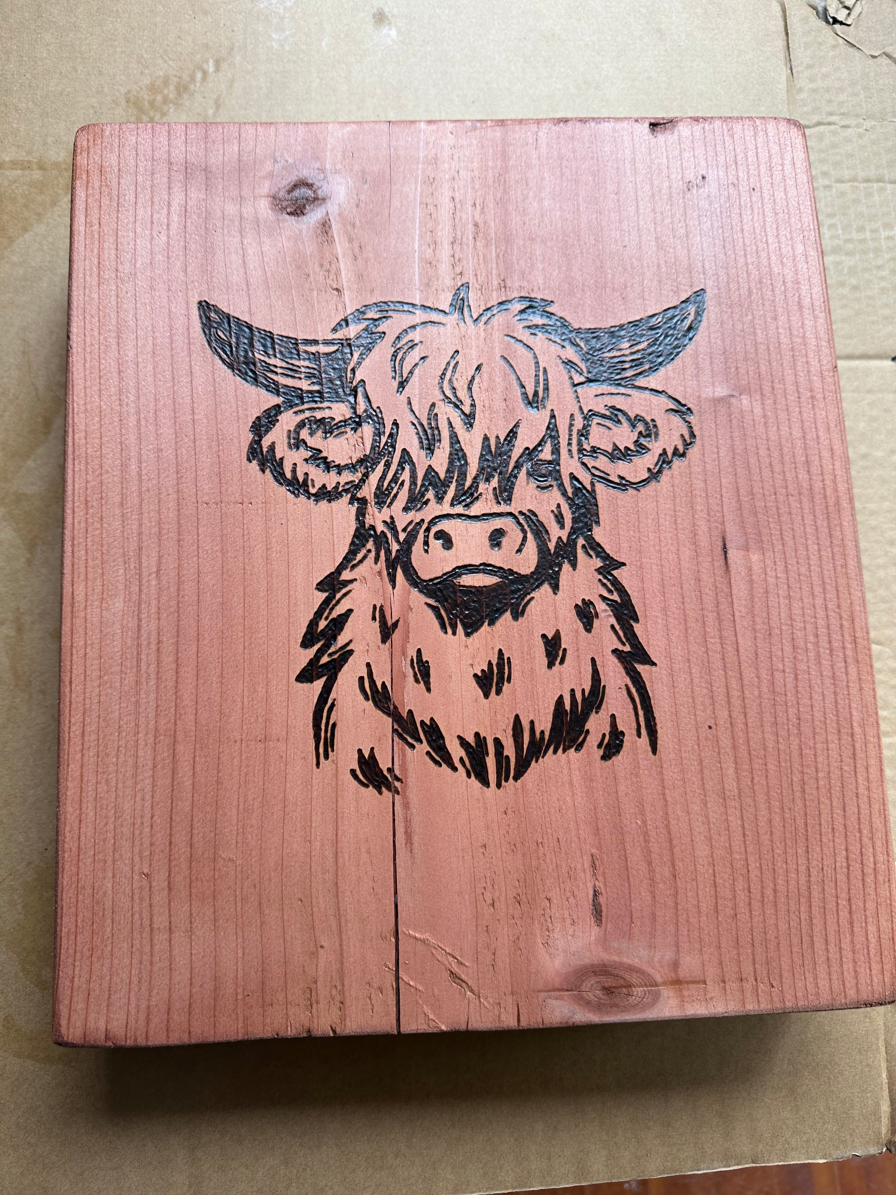 Redwood Wood-Burning Highland Cow, wall art, wall decor