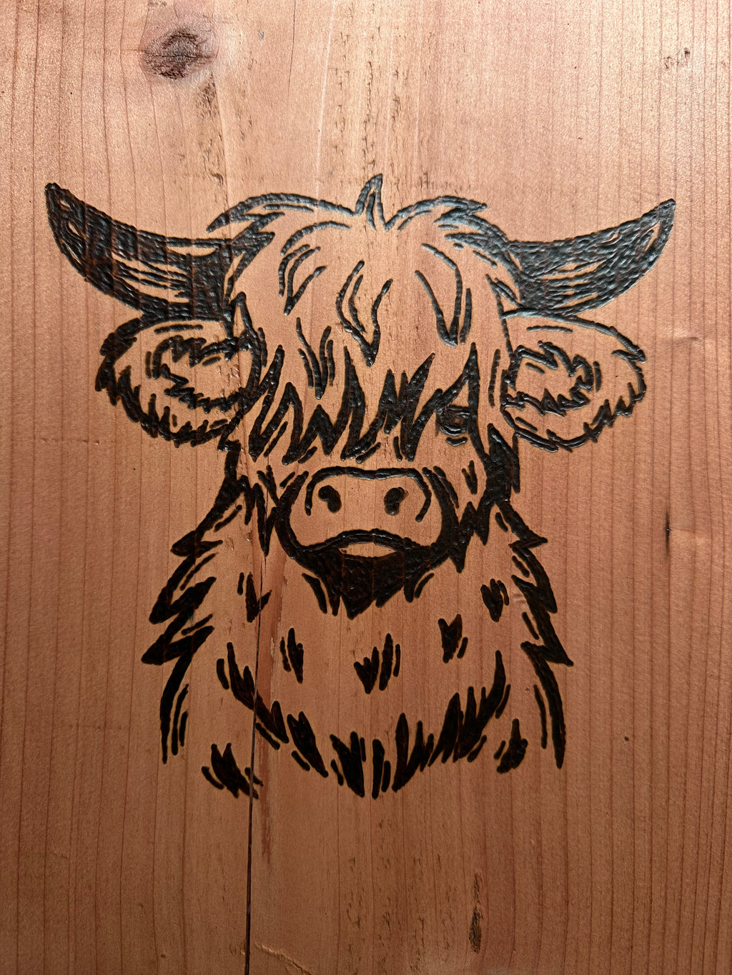 Redwood Wood-Burning Highland Cow, wall art, wall decor