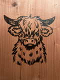 Redwood Wood-Burning Highland Cow, wall art, wall decor