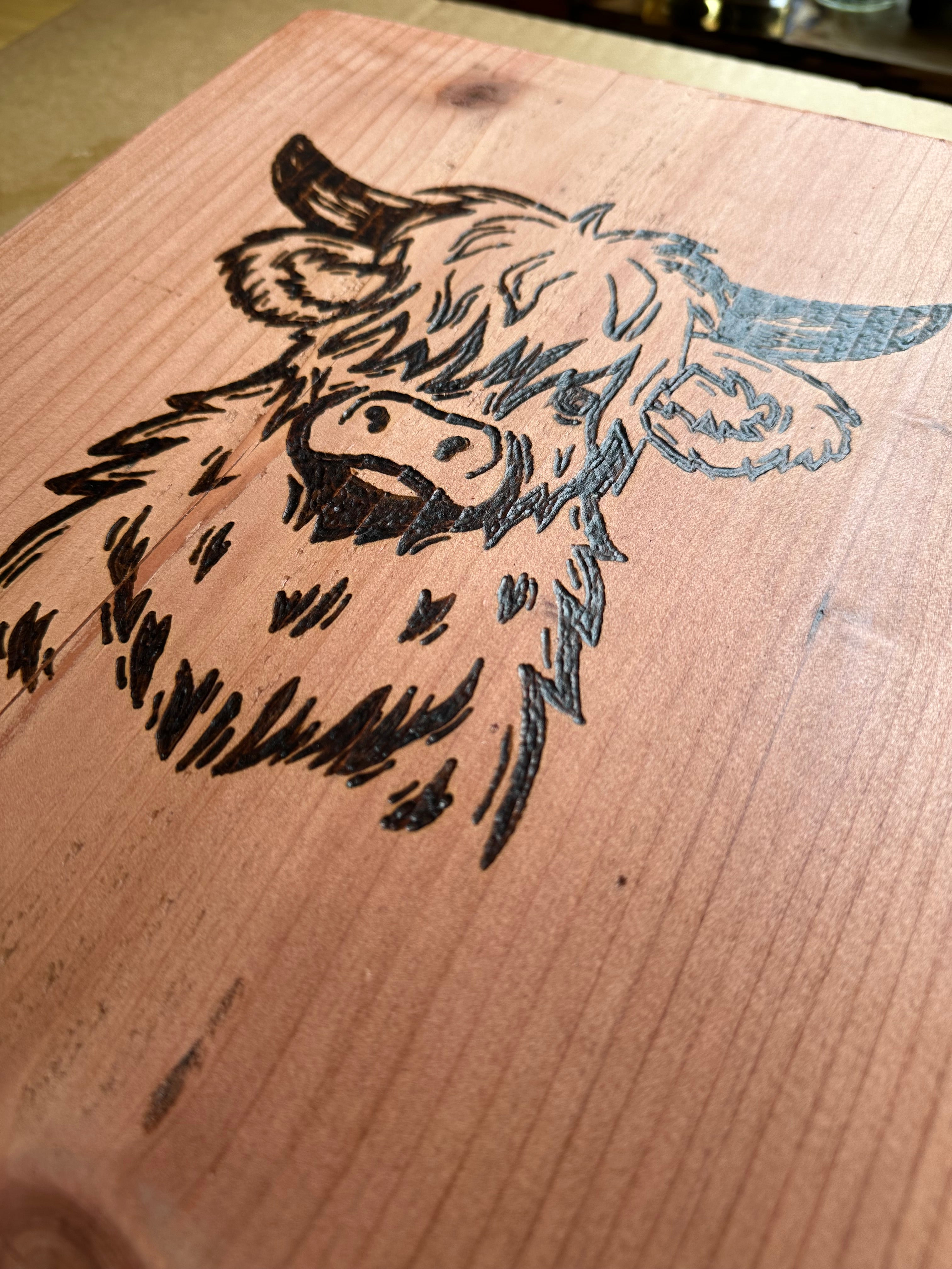 Redwood Wood-Burning Highland Cow, wall art, wall decor