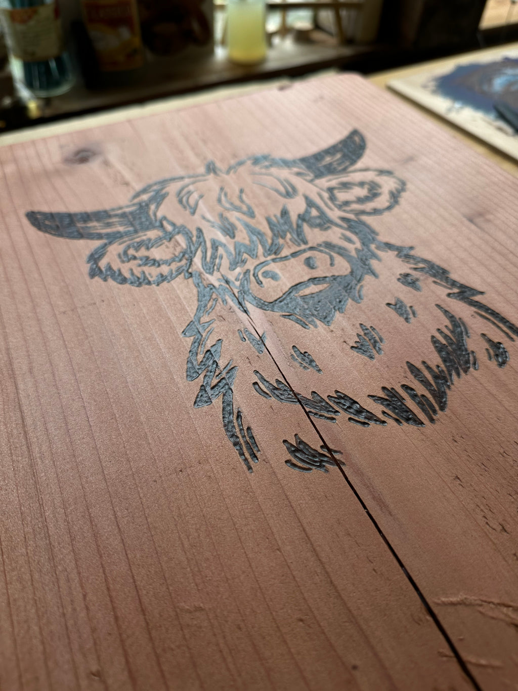 Redwood Wood-Burning Highland Cow, wall art, wall decor