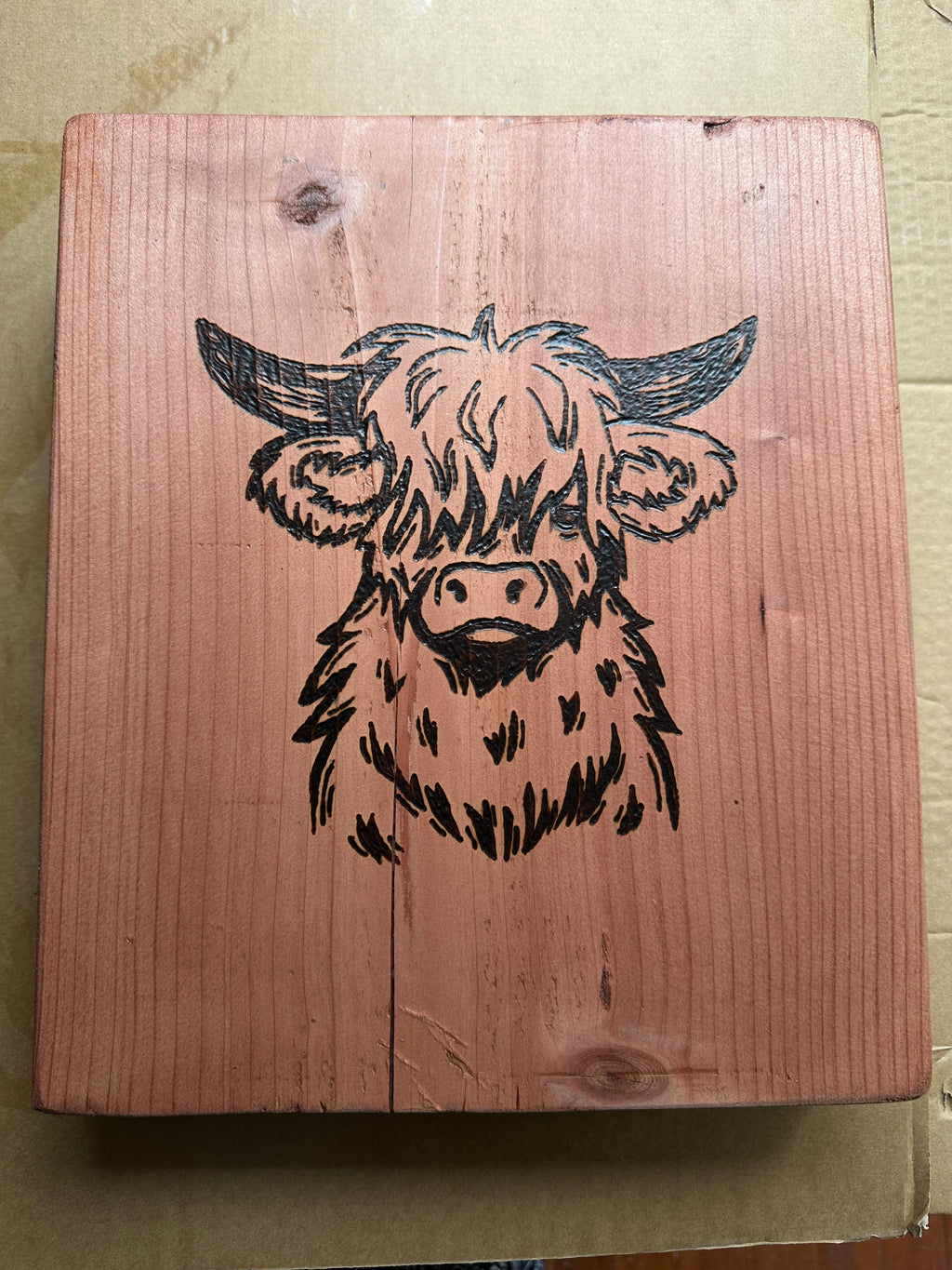 Redwood Wood-Burning Highland Cow, wall art, wall decor