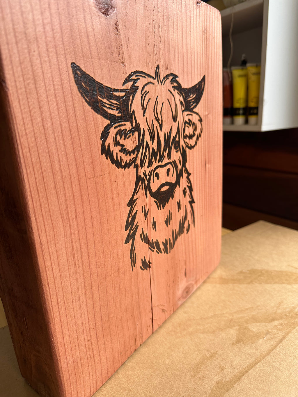 Redwood Wood-Burning Highland Cow, wall art, wall decor