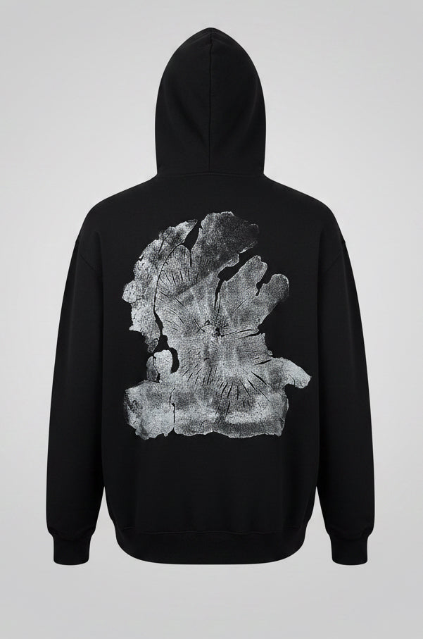 Olive Wood Hoodie Hand-Pressed, Tree Ring Art, Black-Large