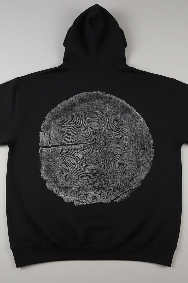 Coastal Redwood Hoodie Hand-pressed, Tree Ring Art, Black-Large