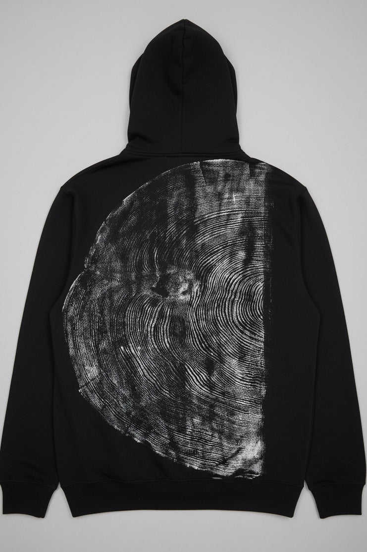 Coastal Redwood Hoodie Hand-pressed, Tree Ring Art, Black-XL