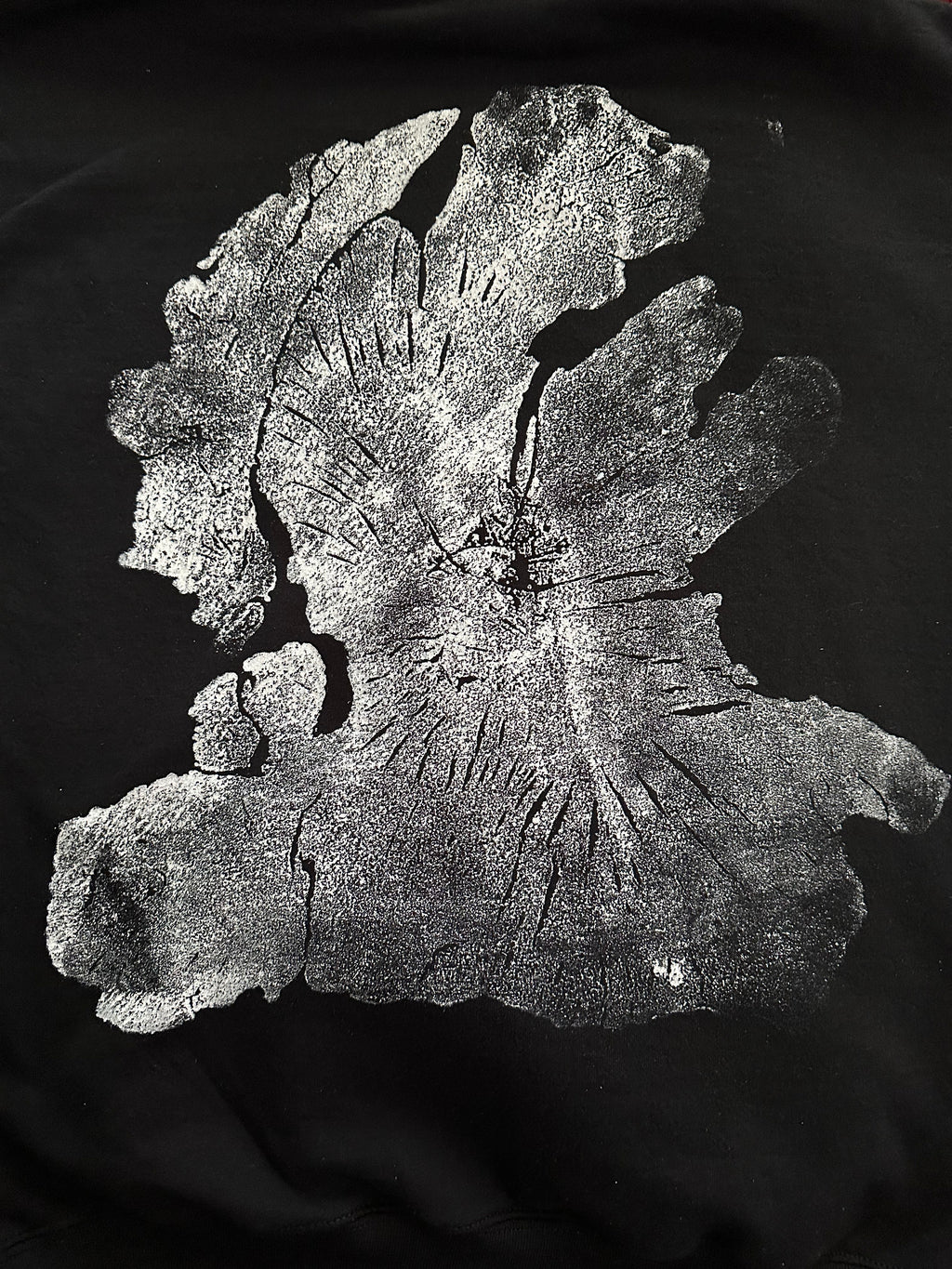 Olive Wood Hoodie Hand-Pressed, Tree Ring Art, Black-Medium