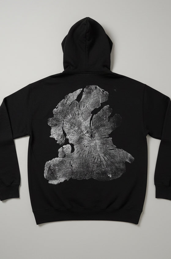 Olive Wood Hoodie Hand-Pressed, Tree Ring Art, Black-Medium