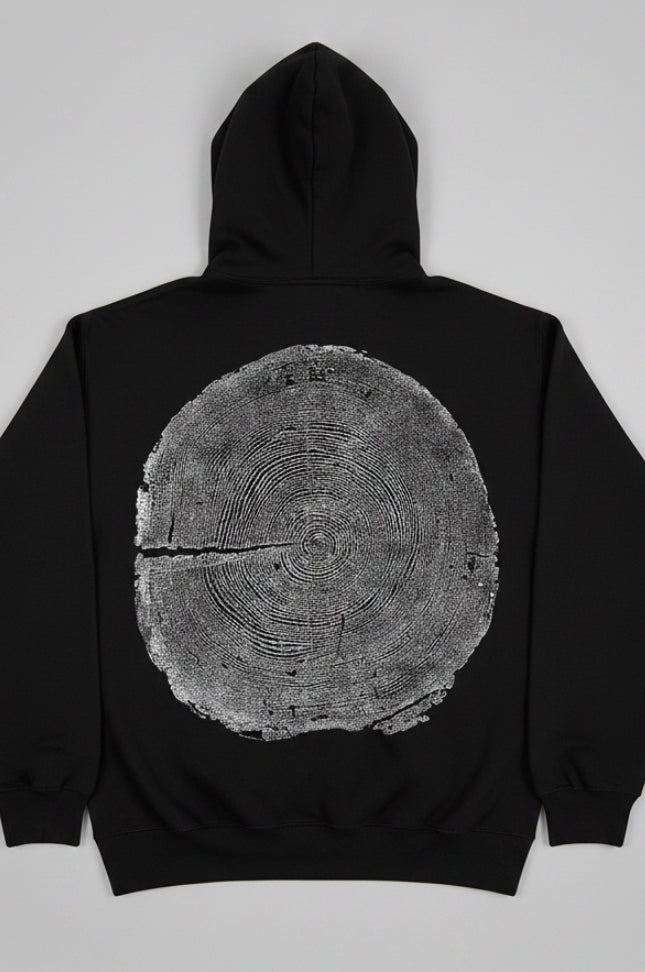 Coastal Redwood Hoodie Hand-pressed, Tree Ring Art, Black-Medium