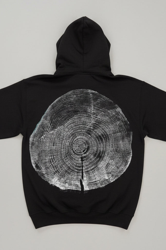 Coastal Pine Hoodie Hand-pressed, Tree Ring Art, Black-Small