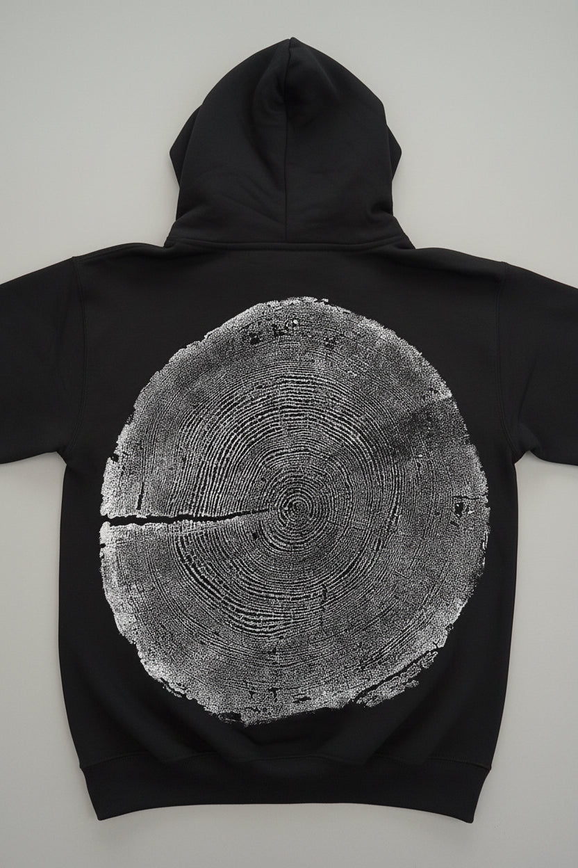 Coastal Redwood Hoodie Hand-pressed, Tree Ring Art, Black-Small