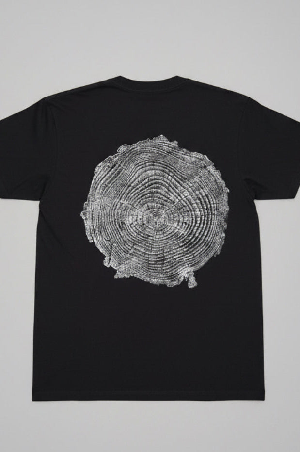 Coastal Pine T-shirt Hand-pressed, Tree Ring Art, Black-Medium