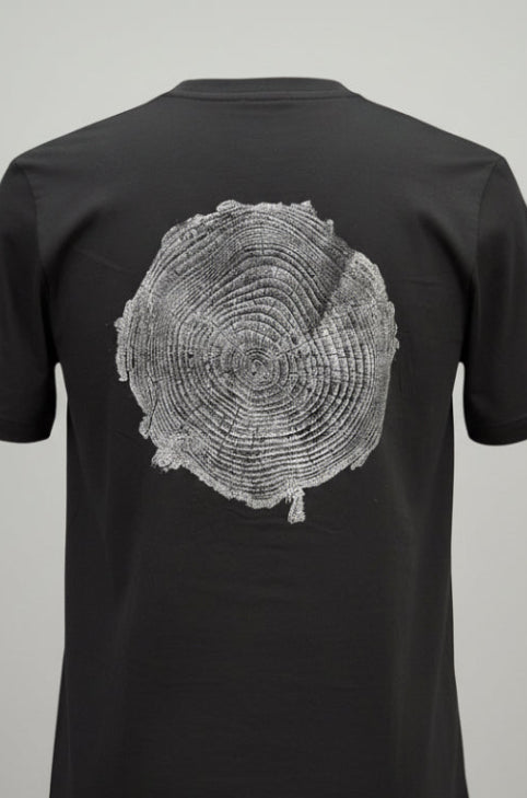 Coastal Pine T-shirt Hand-pressed, Tree Ring Art, Black-Small