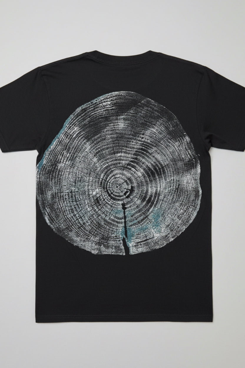 Coastal Pine T-shirt Hand-pressed, Tree Ring Art, Black-Small