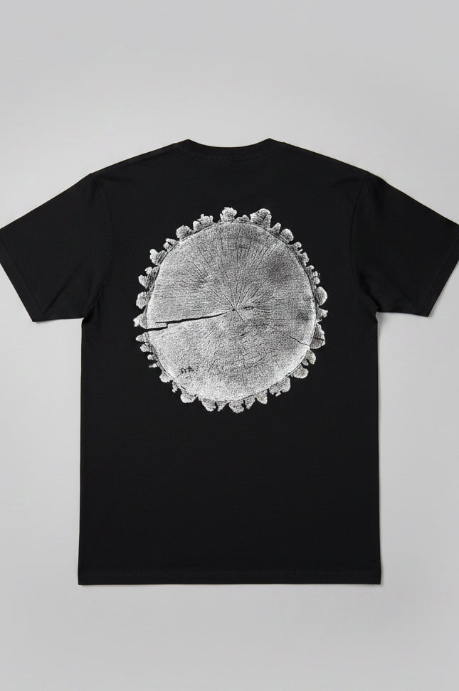 Walnut T-shirt Hand-pressed, Tree Ring Art, Black-Medium