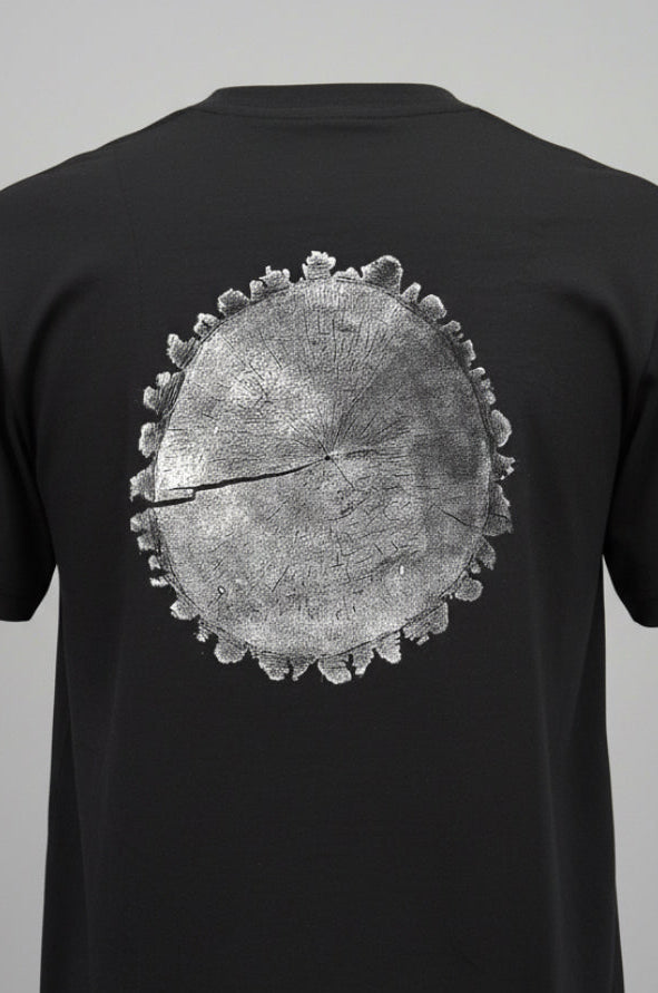 Walnut T-shirt Hand-pressed, Tree Ring Art, Black-Small