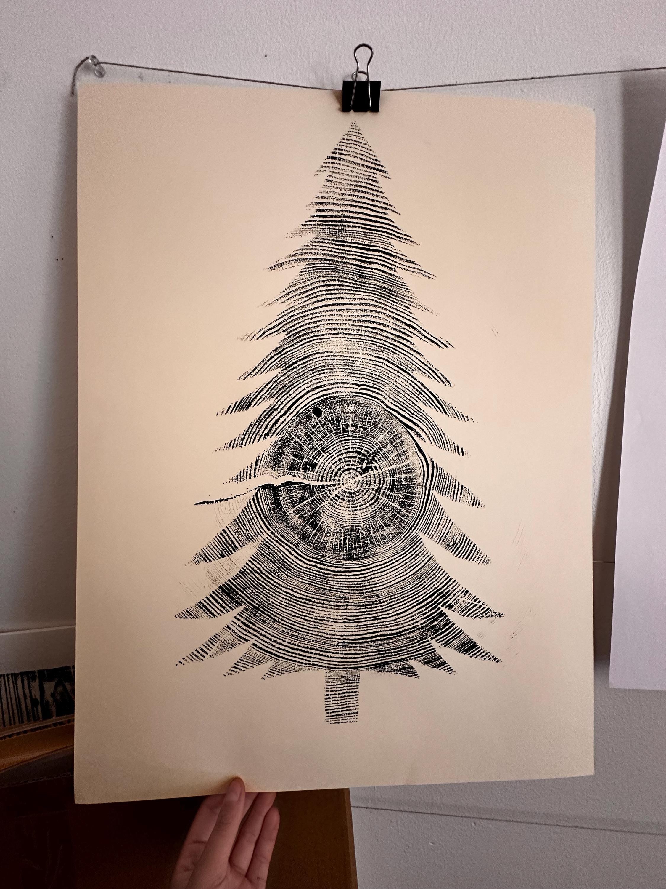 Handmade Ponderosa Pine Christmas Tree Relief Print 18x24