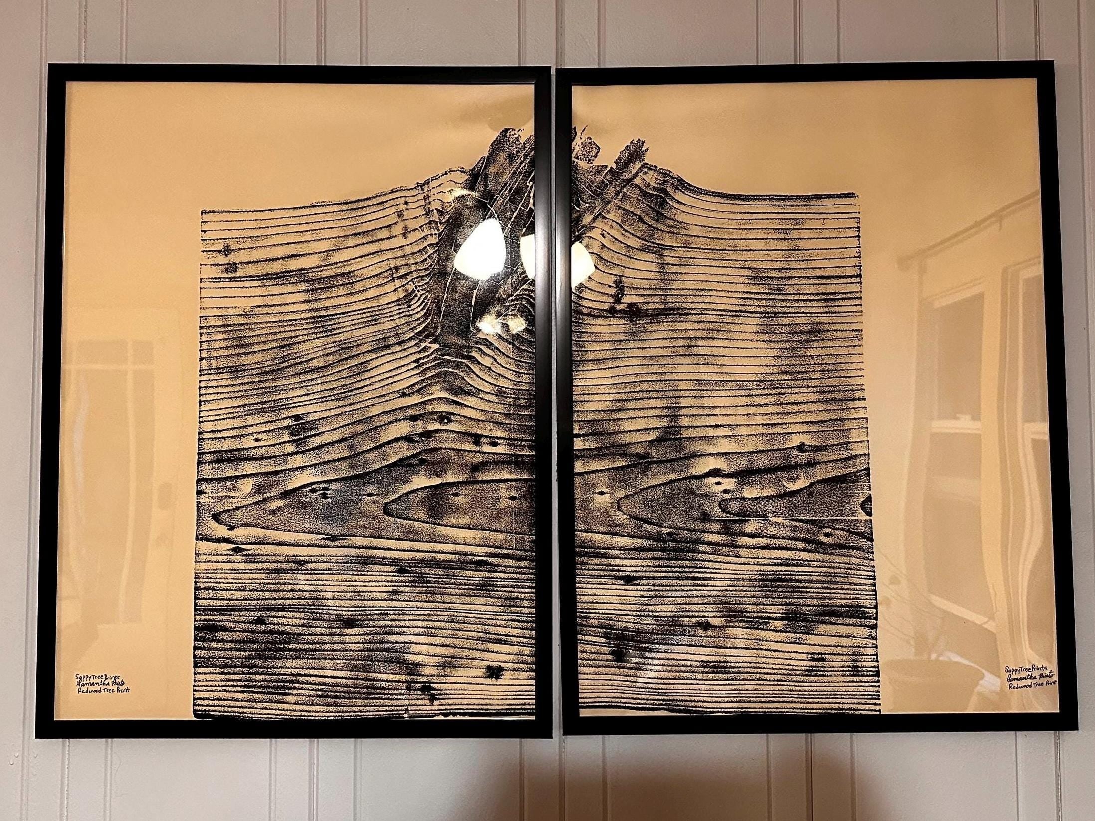 Handmade Redwood Grain Relief Prints, Set of 2 (18x24)