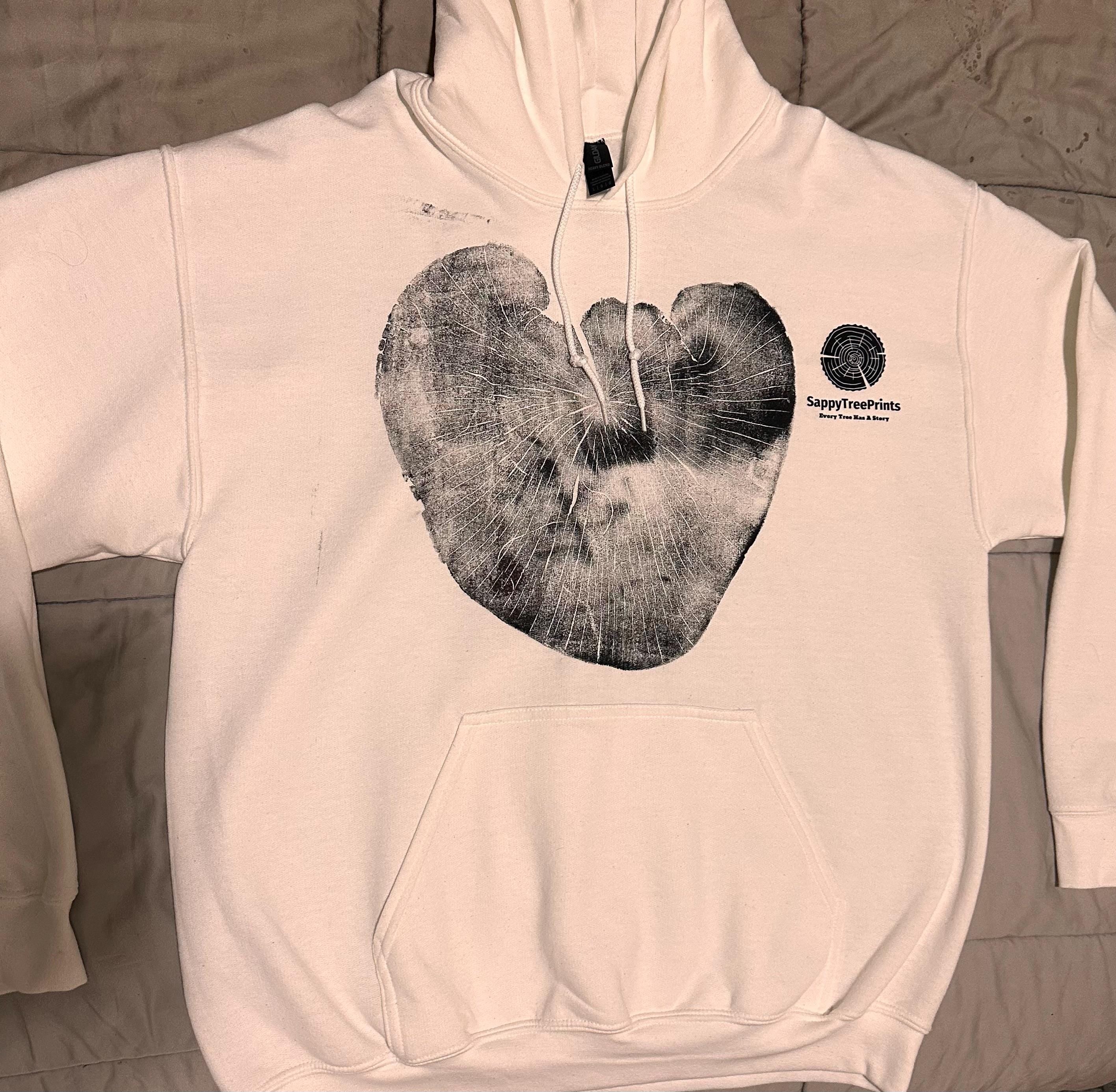 Handmade Madrone/Redwood Tree Hoodie, Tree Ring Art, White-Large