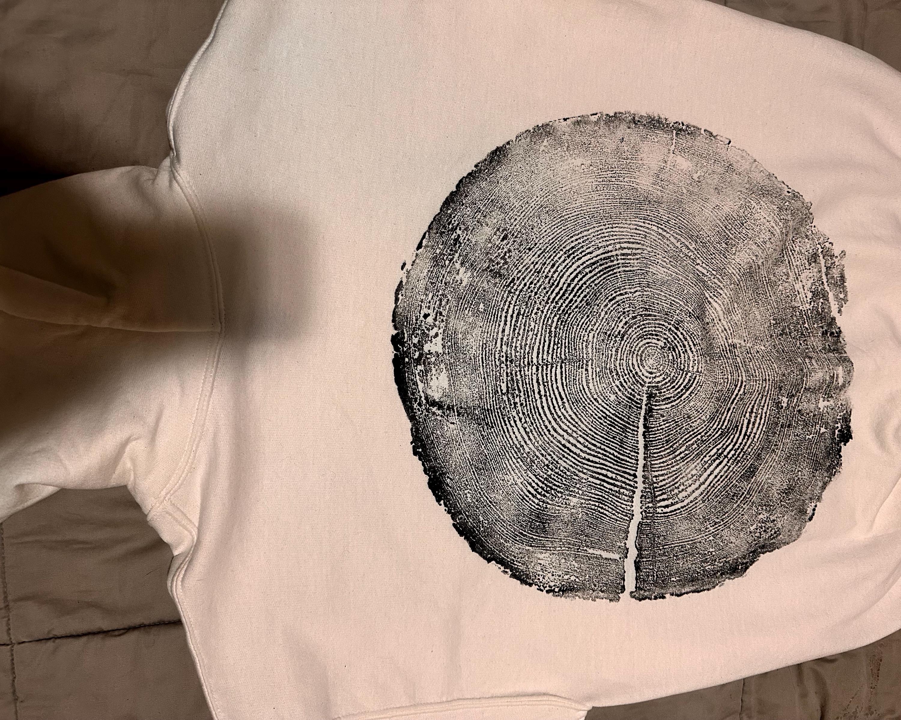 Handmade Madrone/Redwood Tree Hoodie, Tree Ring Art, White-Large