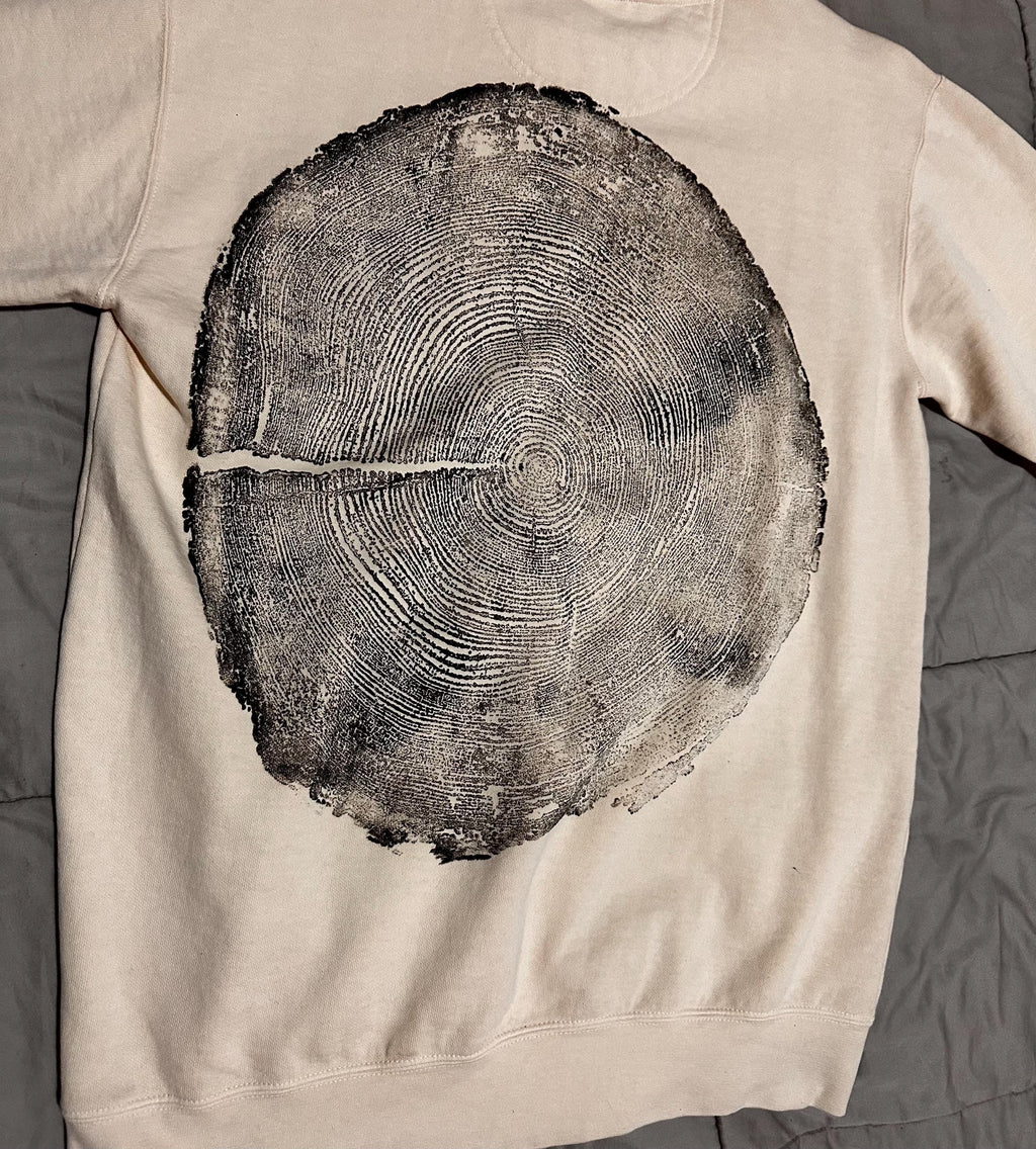 Handmade Redwood Sweatshirt, Tree Ring Art, Tan-Medium