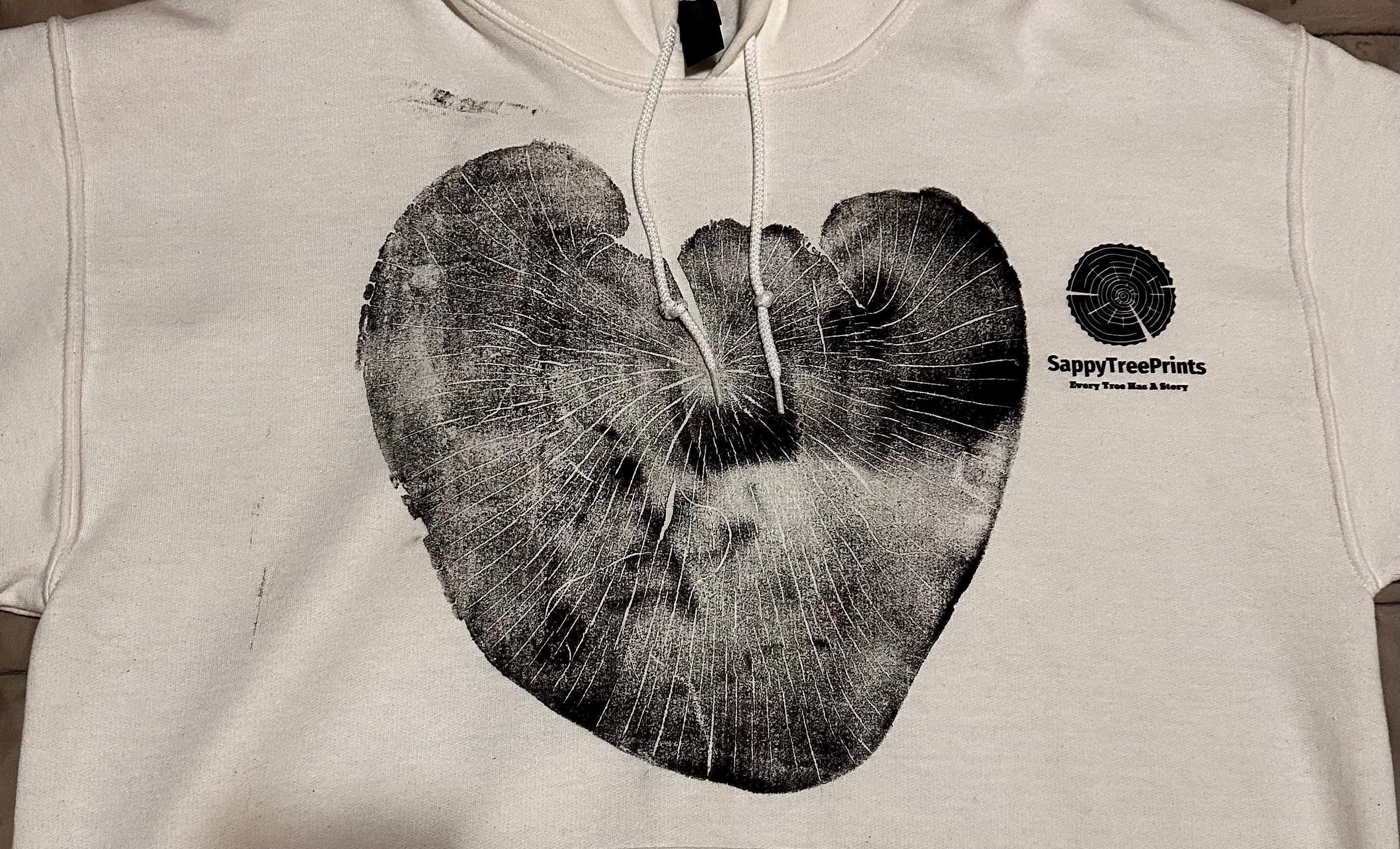 Handmade Madrone/Redwood Tree Hoodie, Tree Ring Art, White-Large