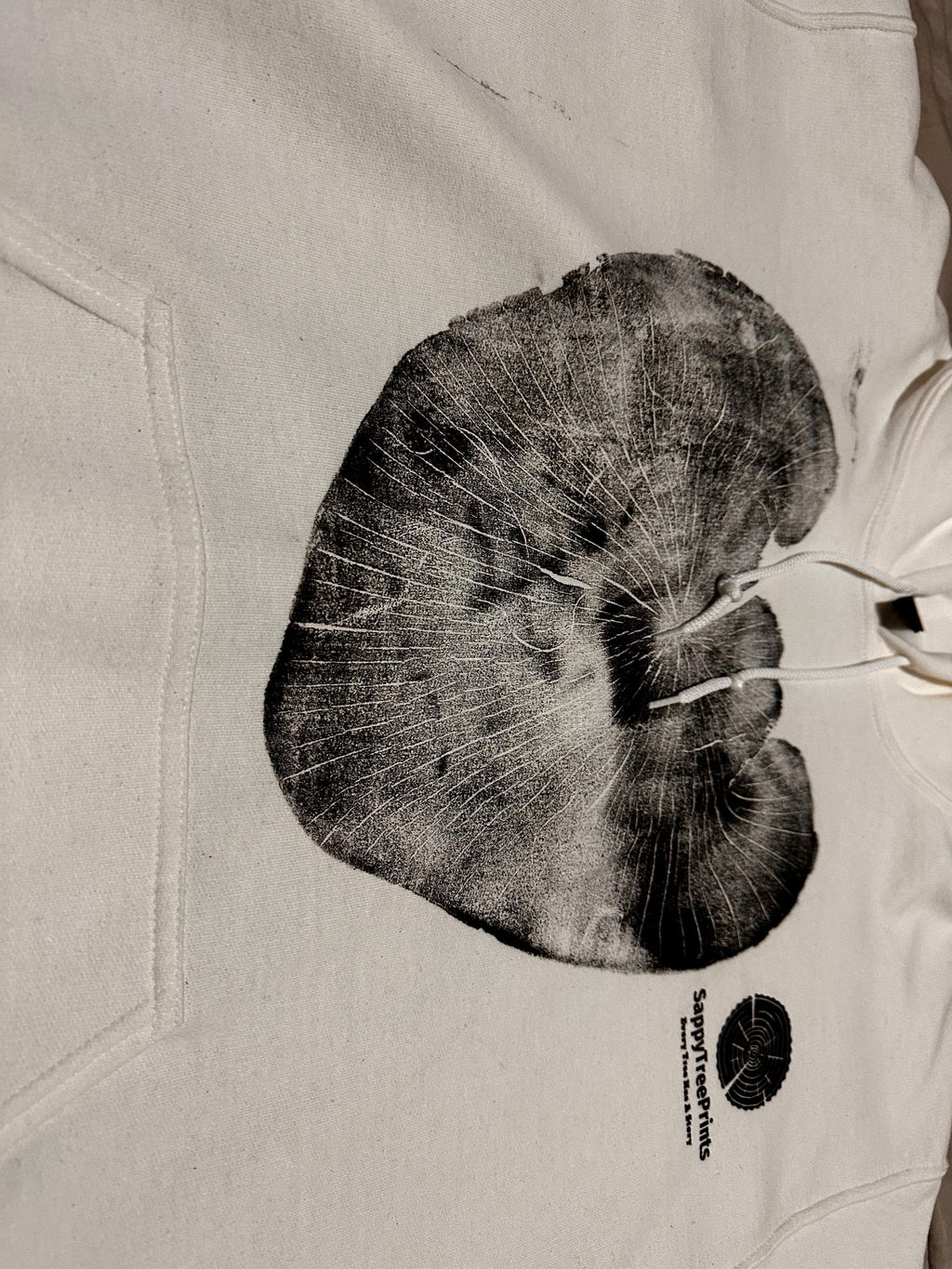 Handmade Madrone/Redwood Tree Hoodie, Tree Ring Art, White-Large