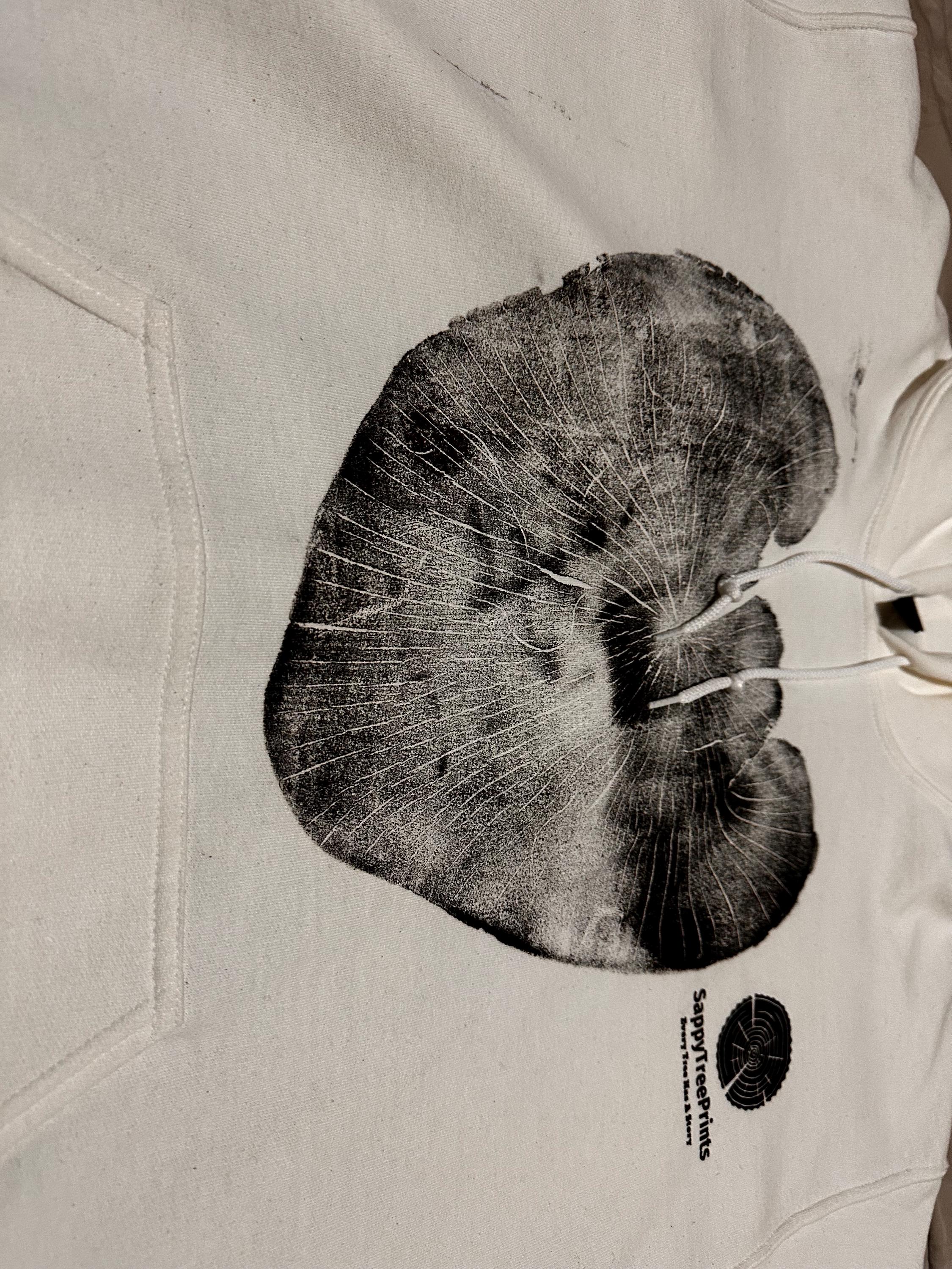 Handmade Madrone/Redwood Tree Hoodie, Tree Ring Art, White-Large