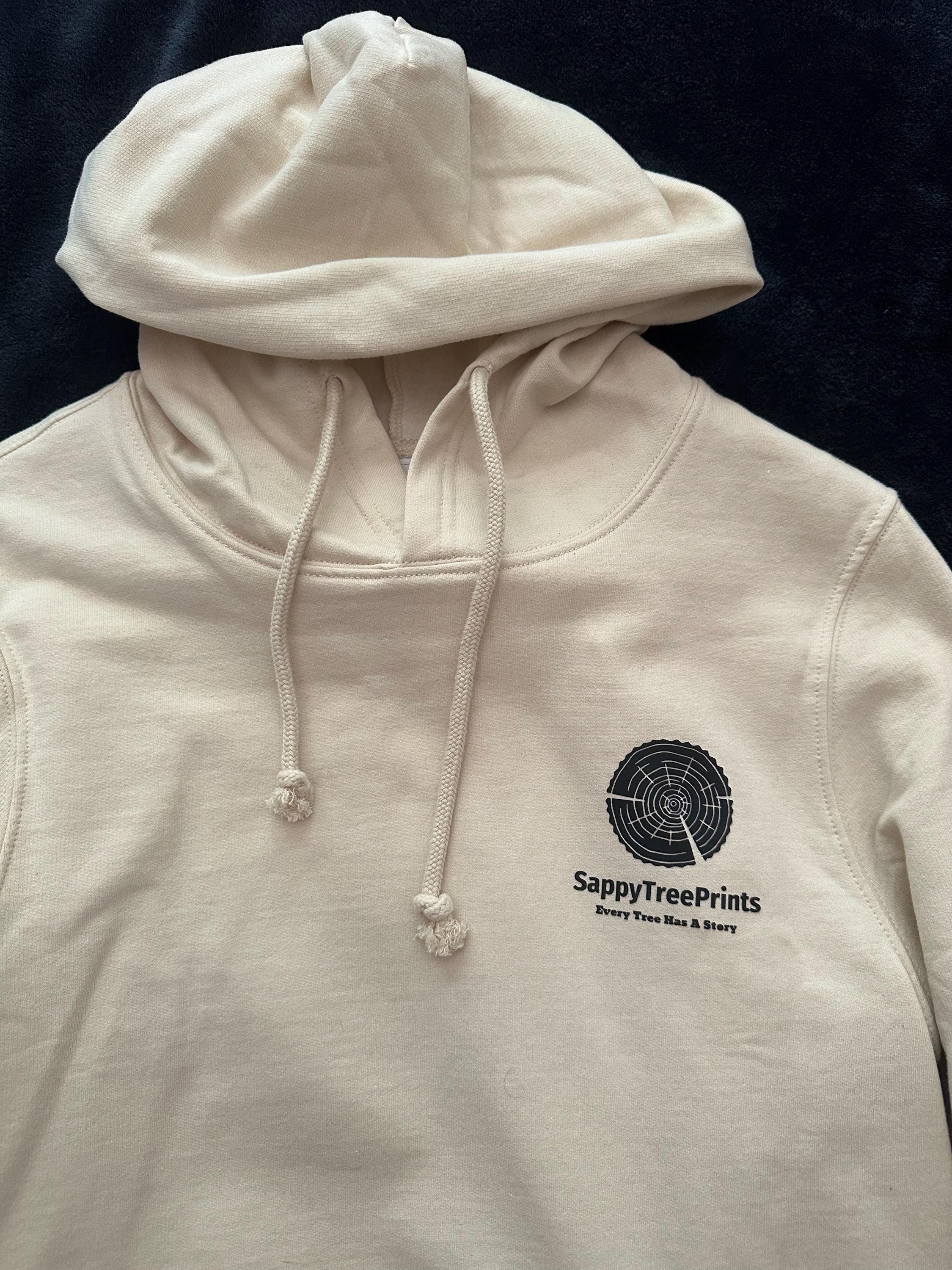 Handmade Olive Wood Hoodie, Tree Ring Art, Tan-Small