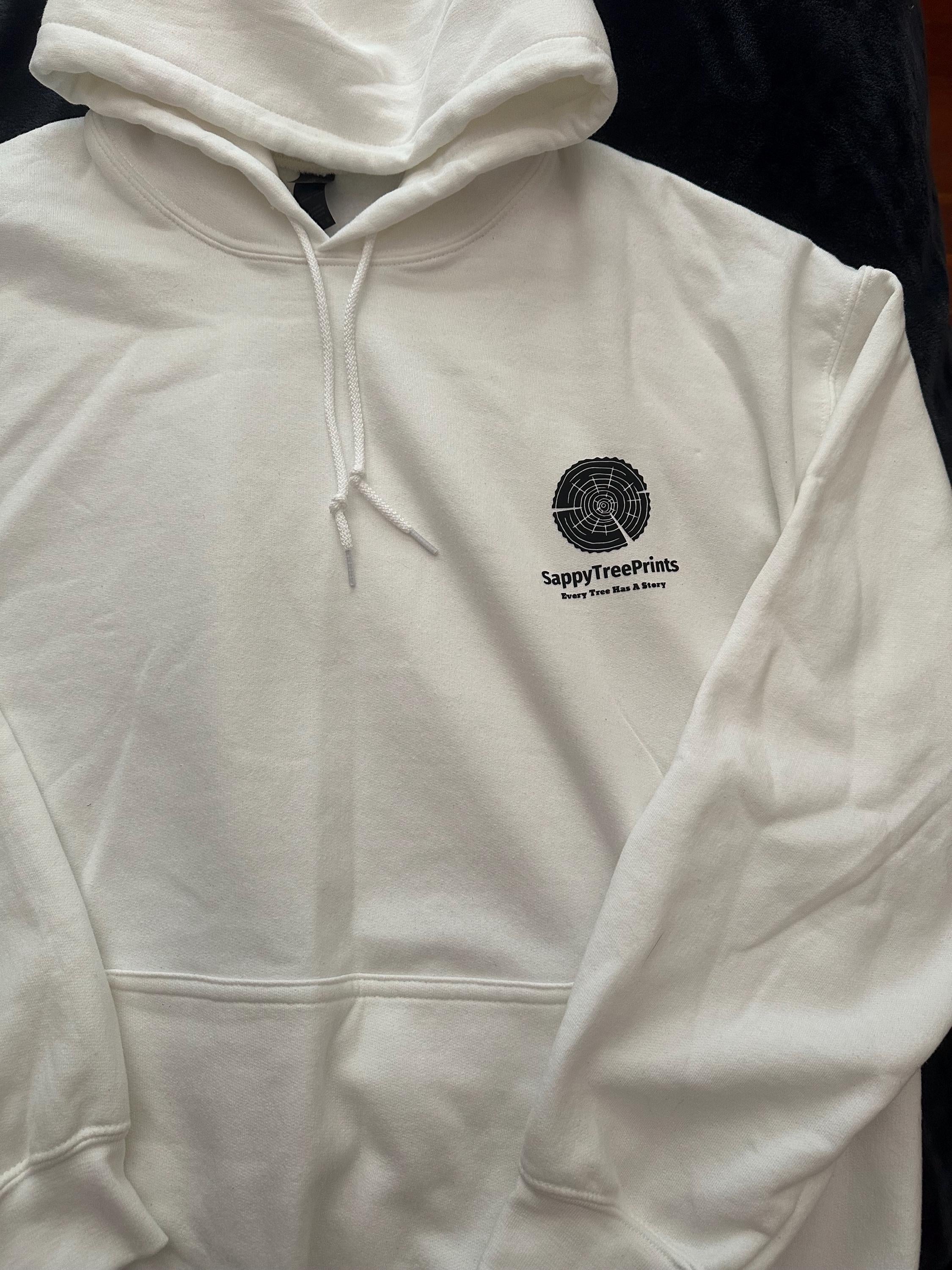 Handmade Redwood Hoodie, Tree Ring Art, White-XLarge