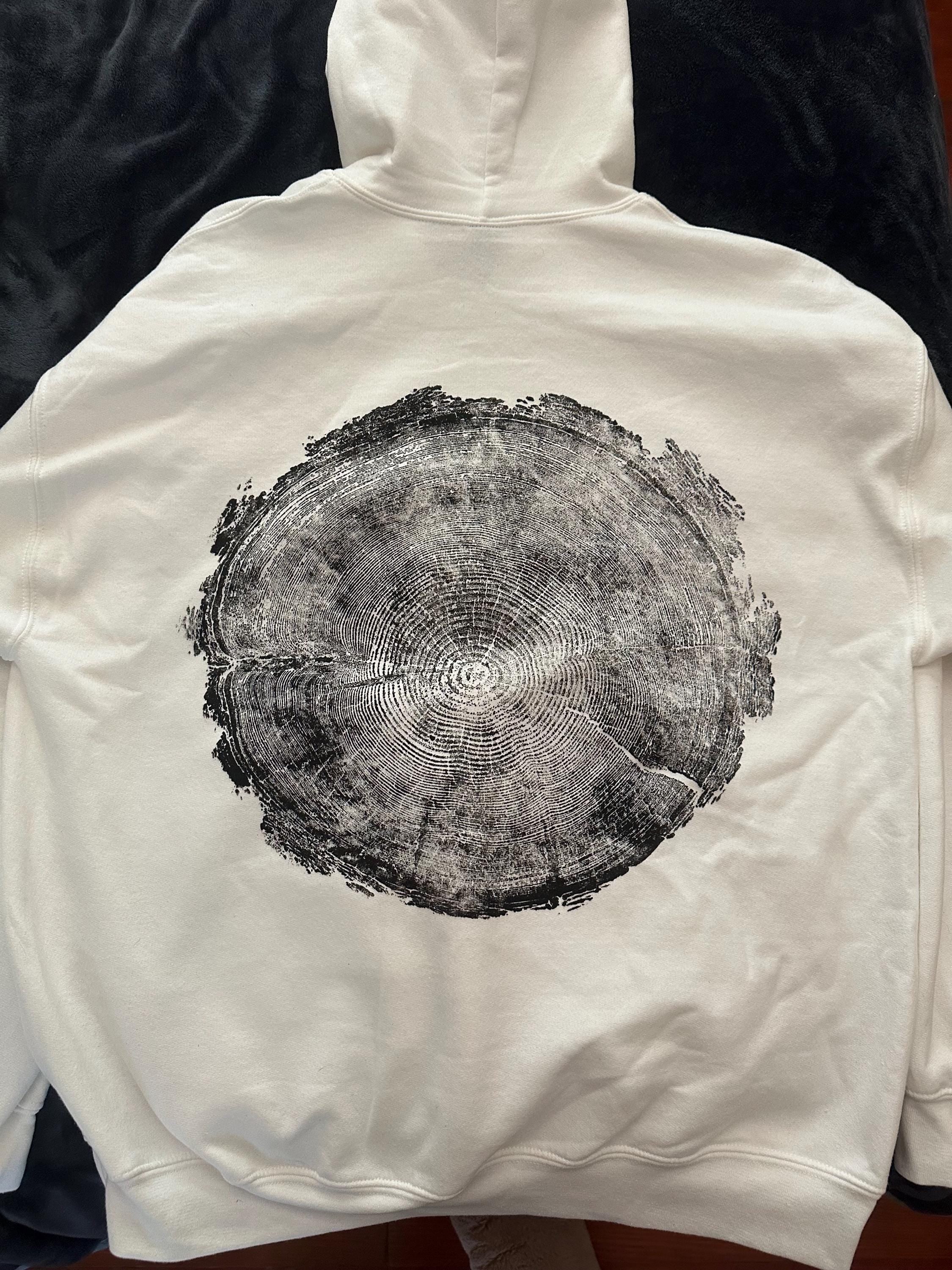 Handmade Redwood Hoodie, Tree Ring Art, White-XLarge