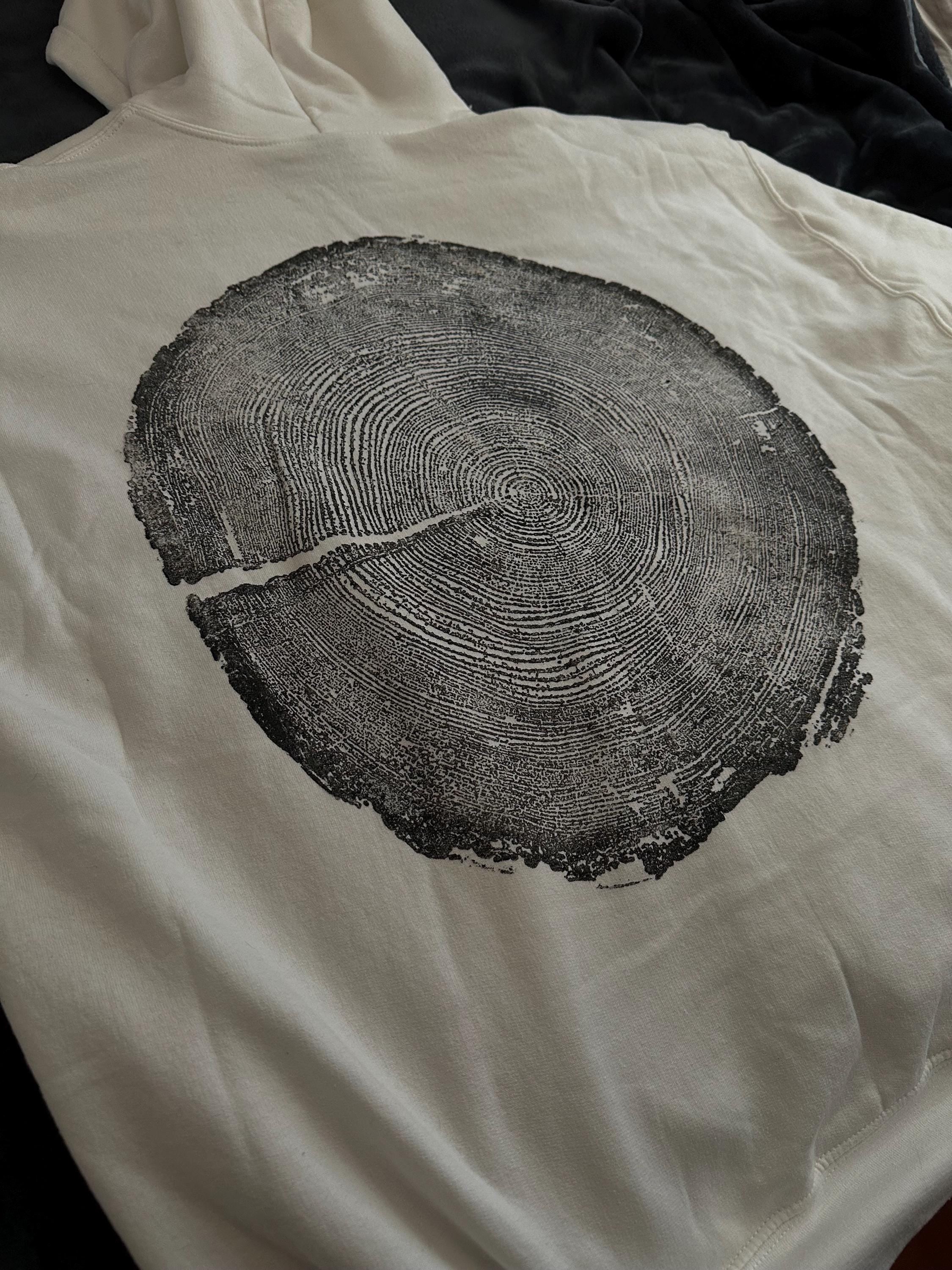 Handmade Redwood Hoodie, Tree Ring Art, White-2XL