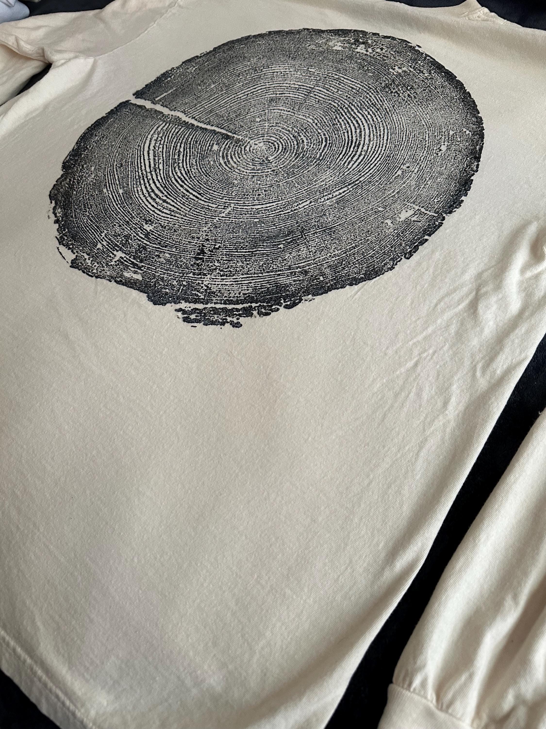 Handmade Redwood Long Sleeve, Tree Ring Art, Tan-2XL