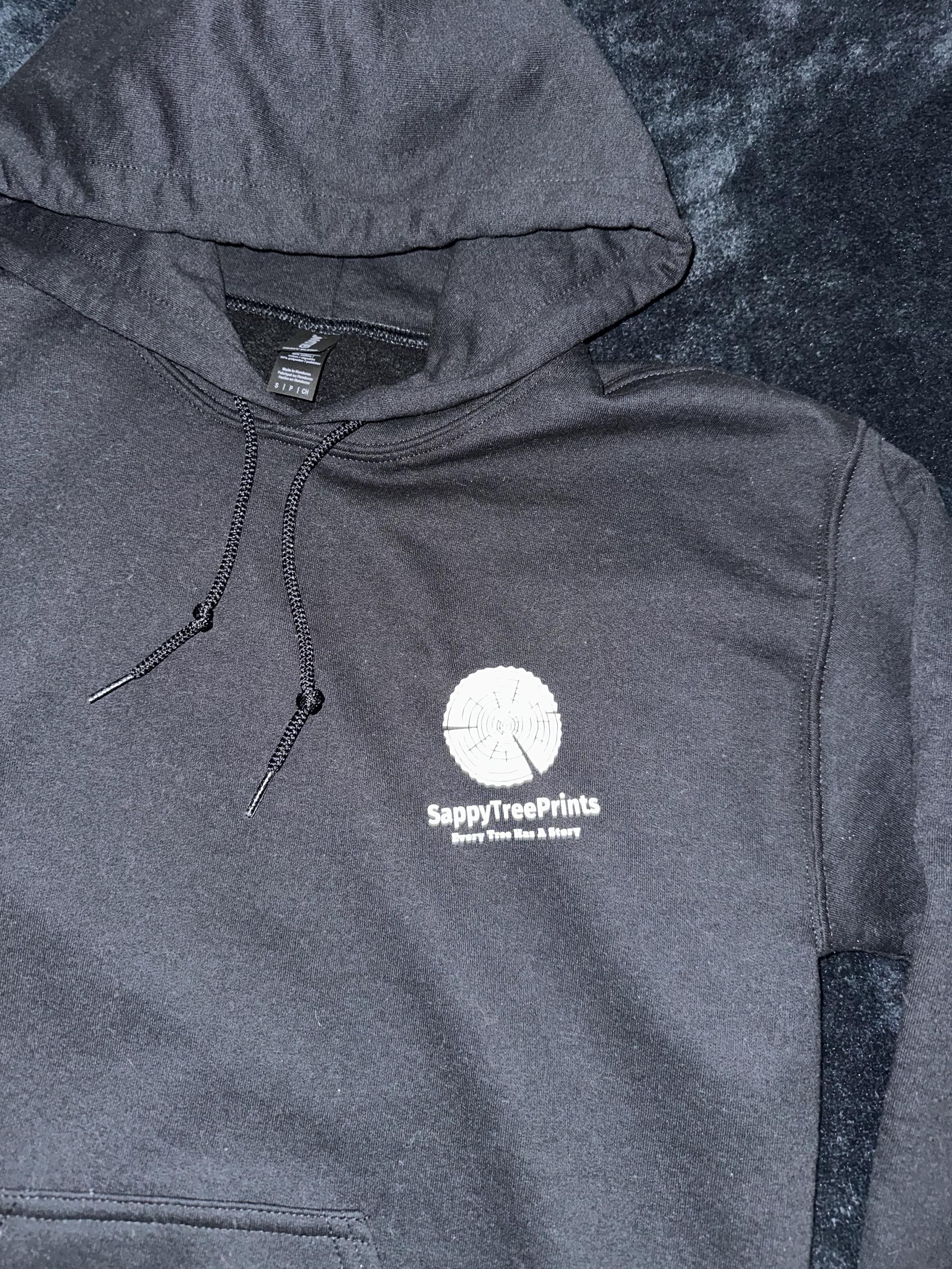 Handmade Redwood Hoodie, Tree Ring Art, Black-Small