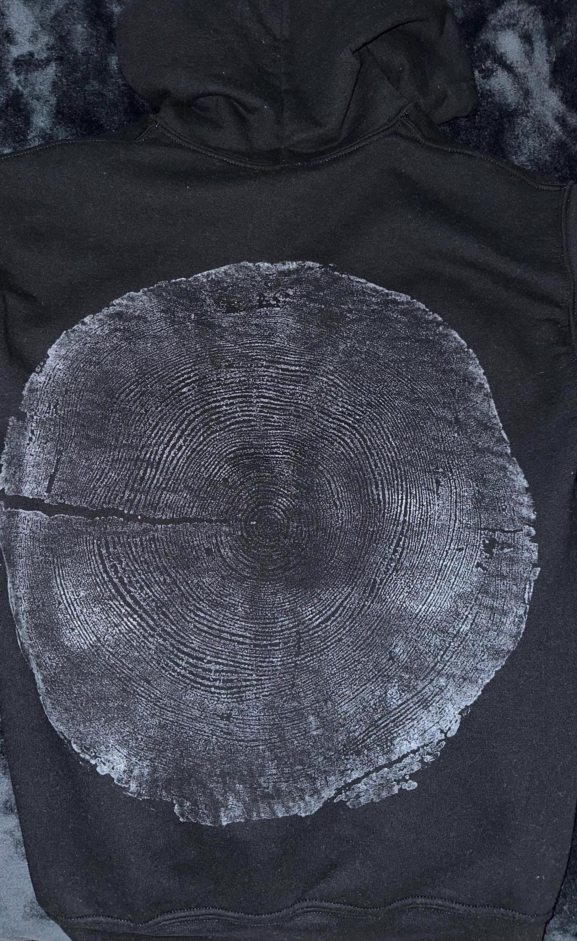 Handmade Redwood Hoodie, Tree Ring Art, Black-Small