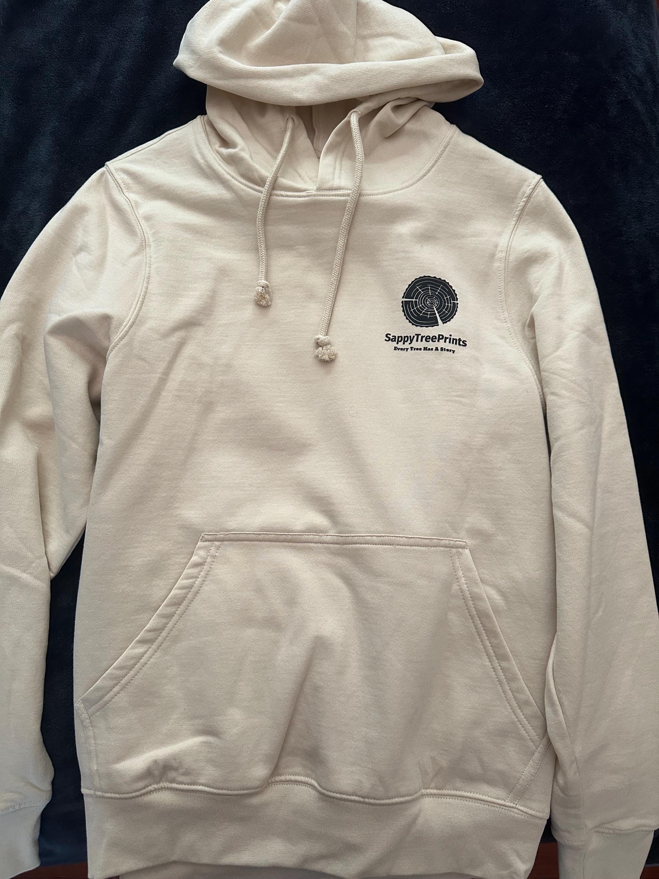 Handmade Olive Wood Hoodie, Tree Ring Art, Tan-Small