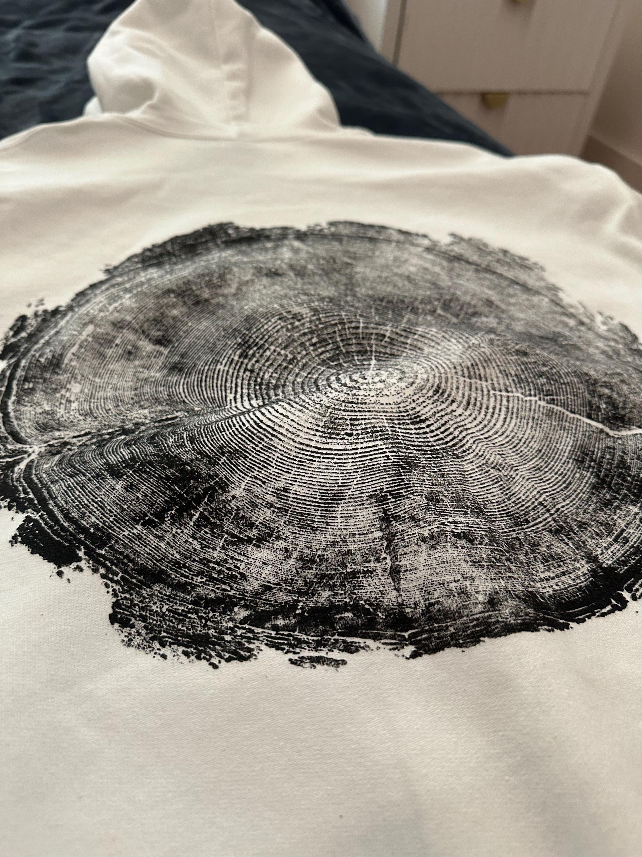 Handmade Redwood Hoodie, Tree Ring Art, White-XLarge