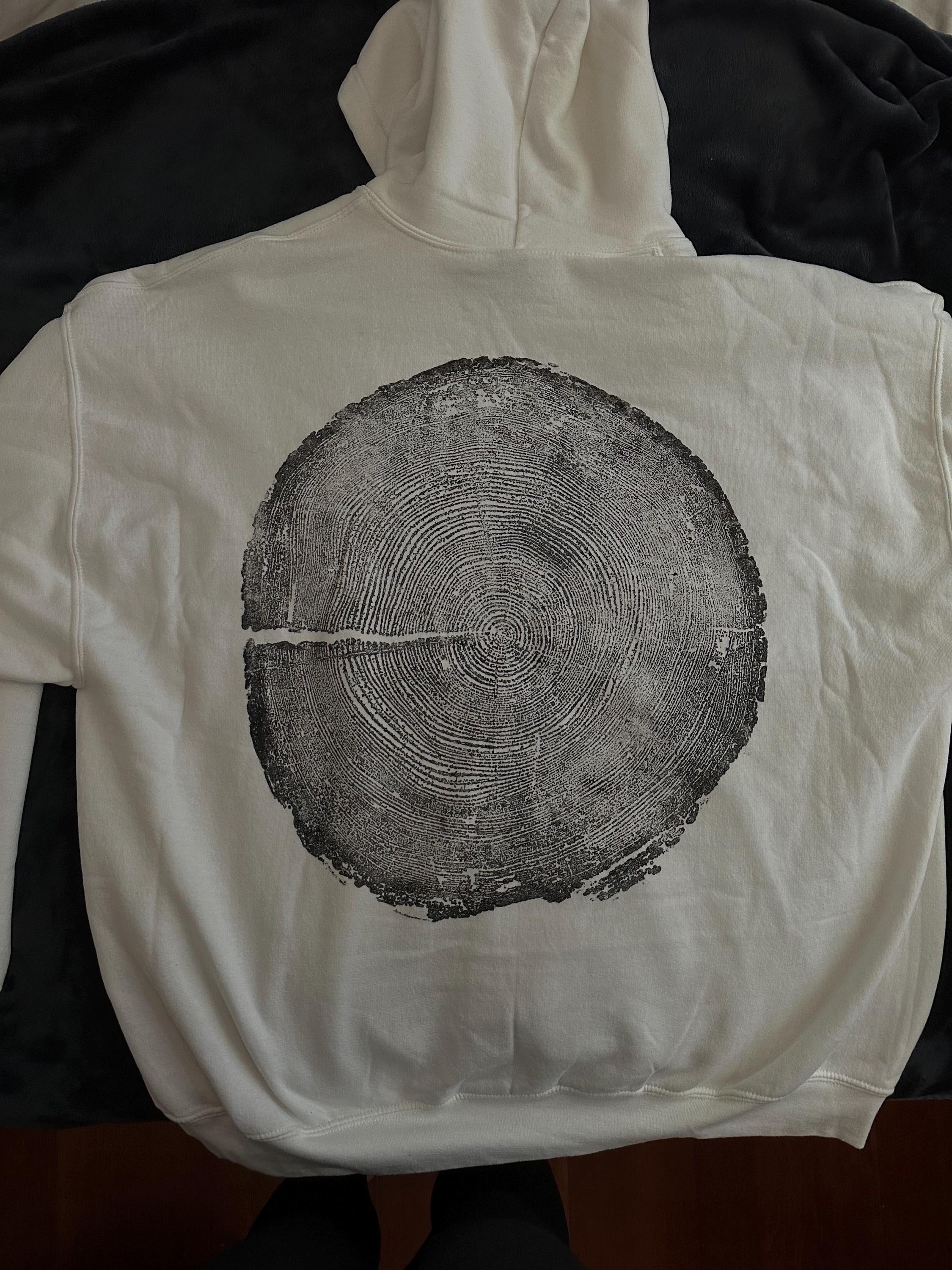 Handmade Redwood Hoodie, Tree Ring Art, White-2XL