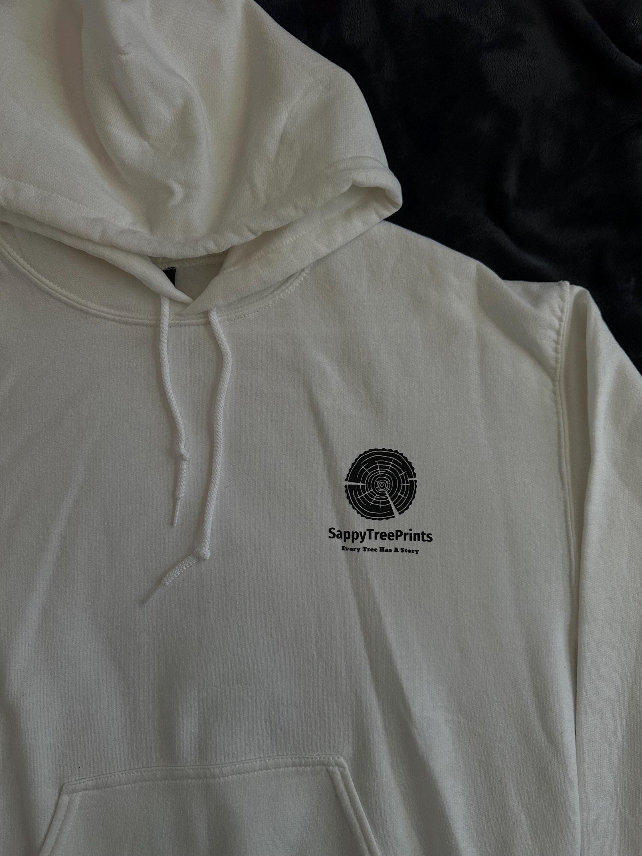 Handmade Walnut Hoodie, Tree Ring Art, White-Small