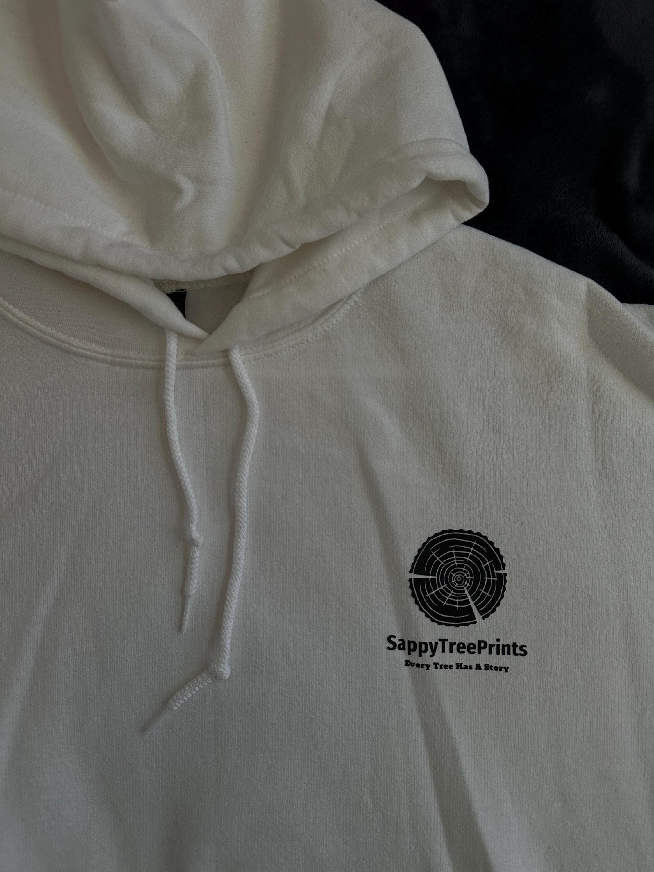 Handmade Walnut Hoodie, Tree Ring Art, White-Small