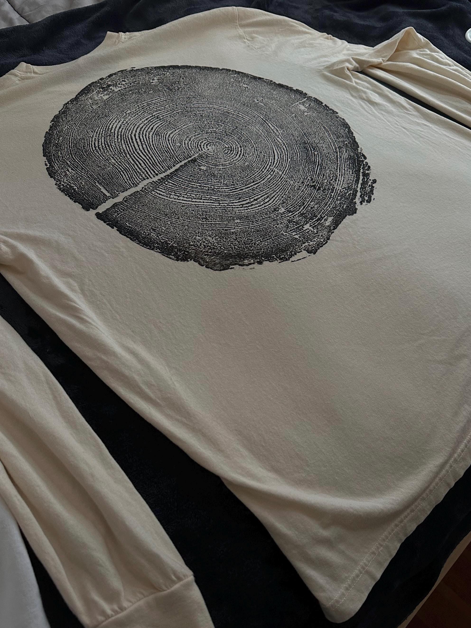 Handmade Redwood Long Sleeve, Tree Ring Art, Tan-2XL