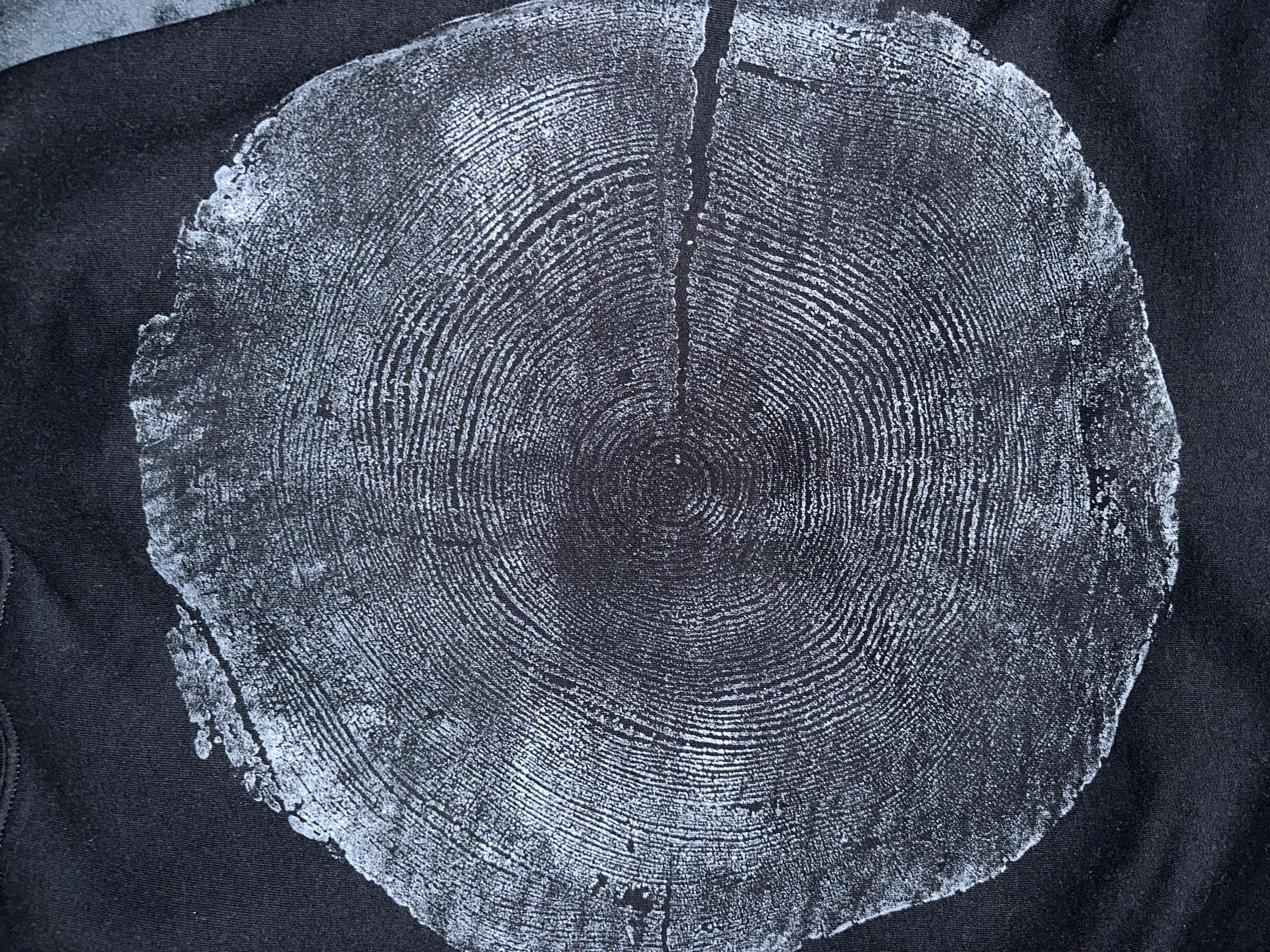 Handmade Redwood Hoodie, Tree Ring Art, Black-Small