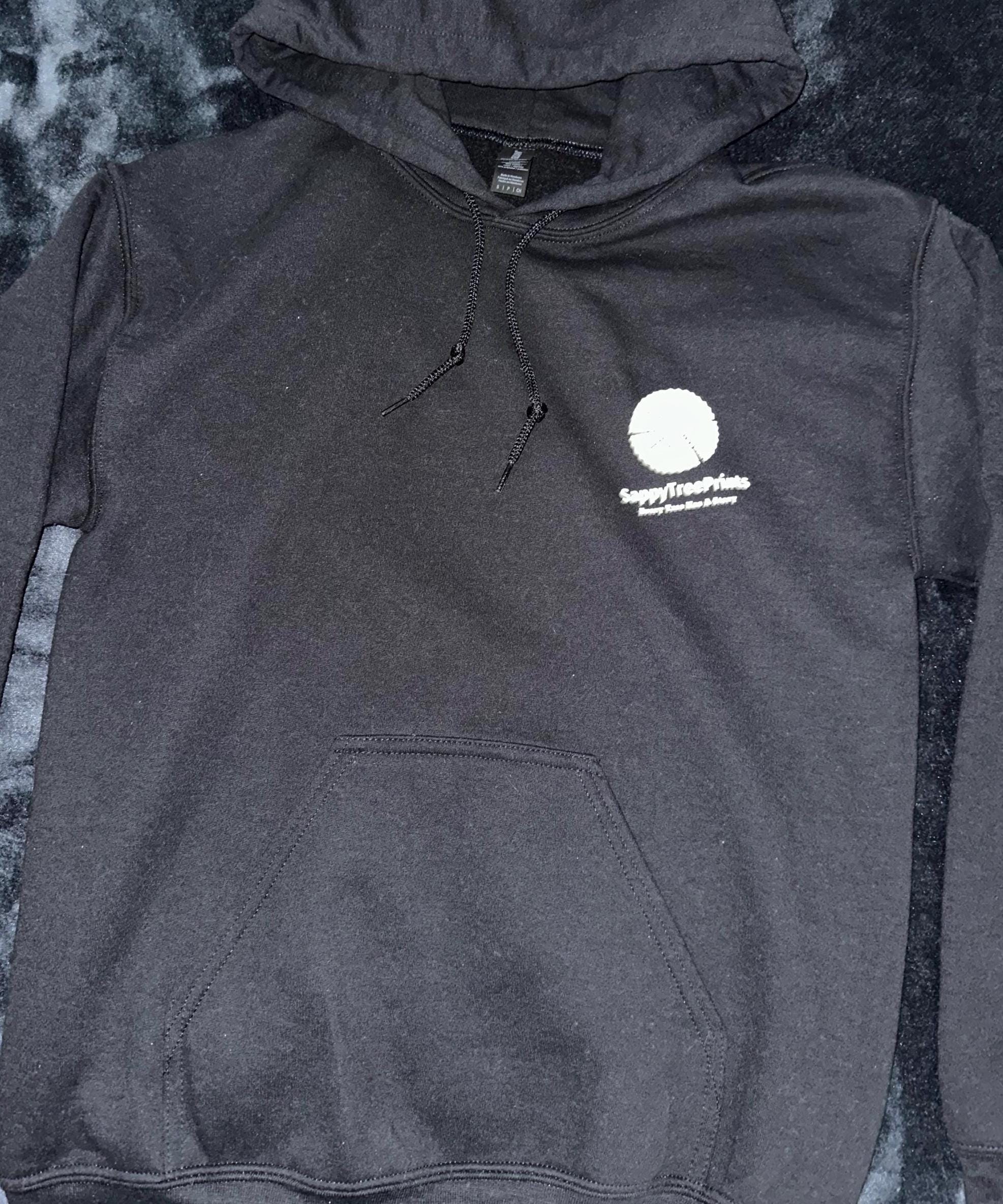 Handmade Redwood Hoodie, Tree Ring Art, Black-Small